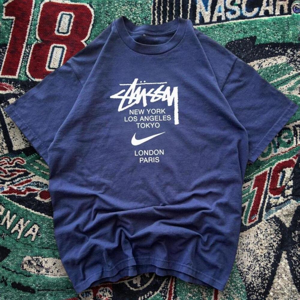 Stã¼Ssy World Tour Tee With Swoosh Navy Streetwear Shirt